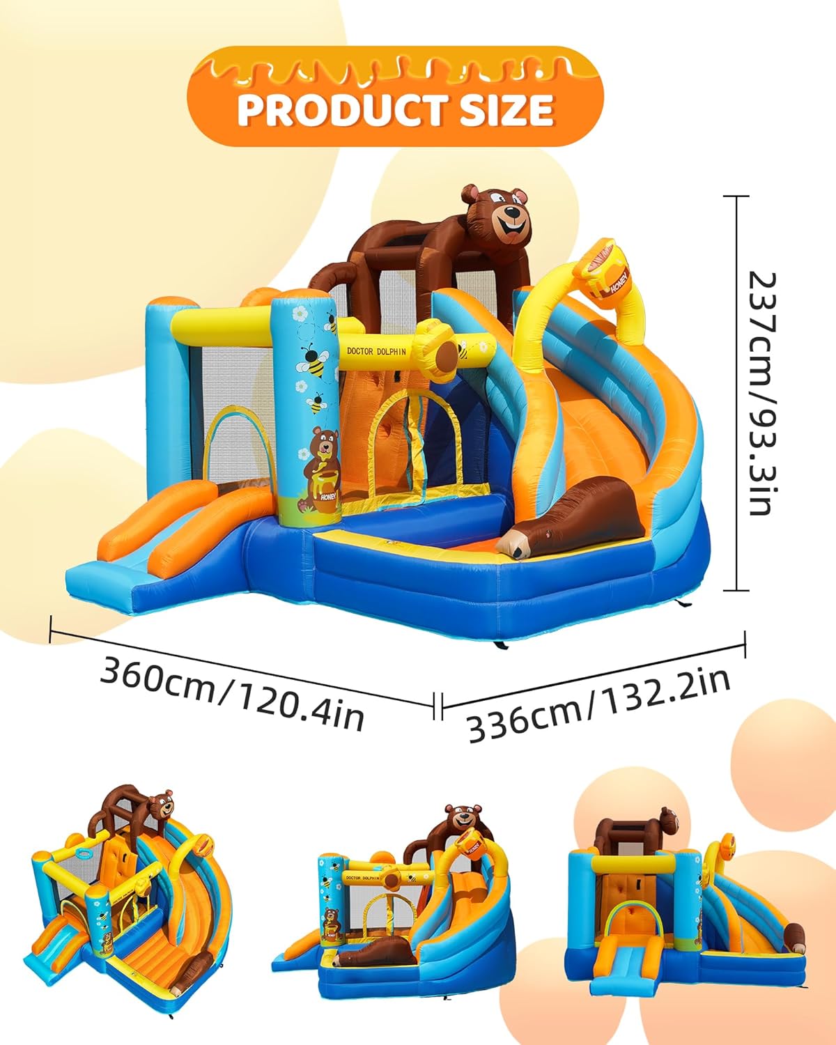 Doctor Dolphin Honey Bear – inkl. 450W fläkt | Uppblåsbar hoppborg för barn