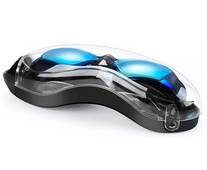 Svarta simglasögon i fodral och öronproppar