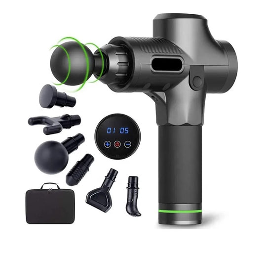 Massagepistol med väska samt 6st olika huvuden att välja emellan, den har även en LED display för enkelöversikt