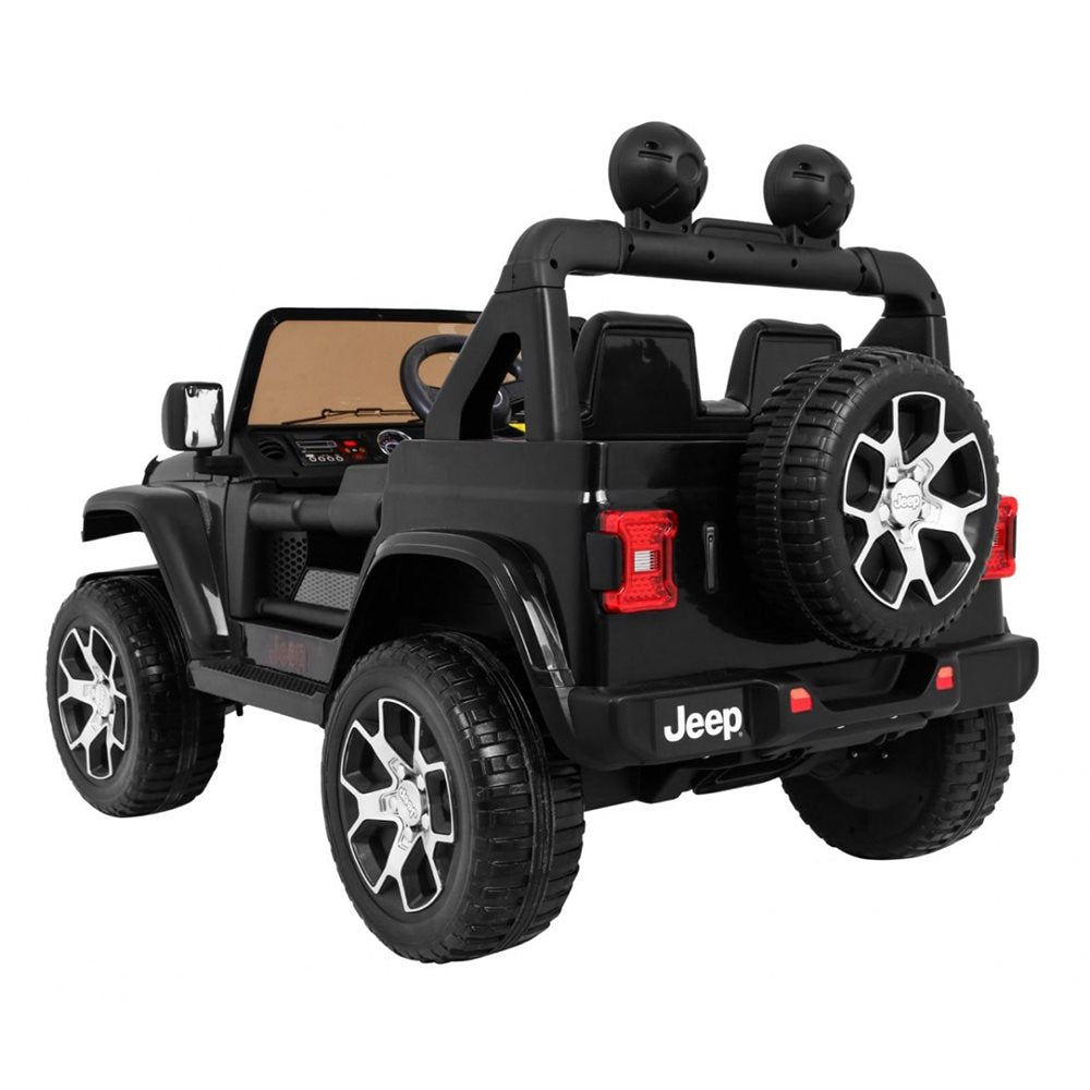 Jeep Wrangler Rubicon elbil för barn 4x4 – gummihjul, fjädring & fjärrkontroll | Svart