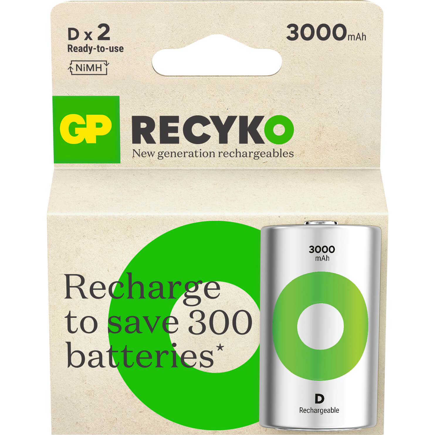 gp-gp-recyko-nimh-battery D HR20 3000mAh 2-pack