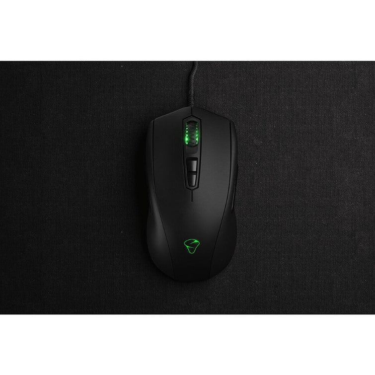 Exempelbild på Gamingmus ifrån Mionix med grönt sken samt grön logga