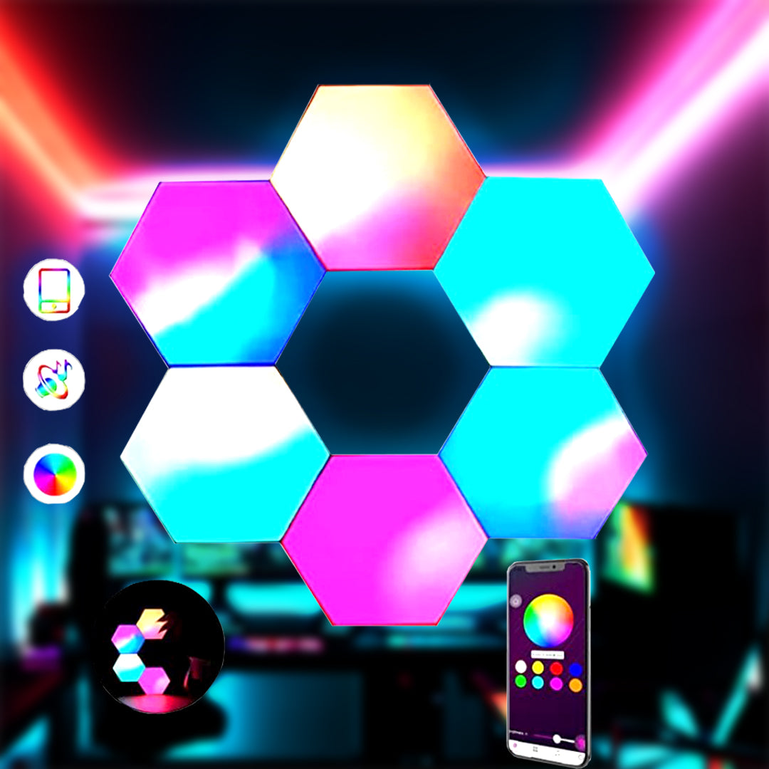 Hexagon ljusplattor app styrd för väggdesign, RGBIC LED blinkar i takt med musiken