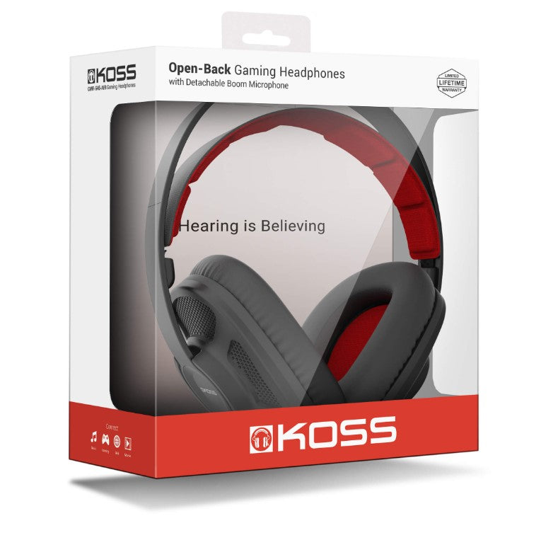 Koss headset förpackning, kartongen är röd nertill och genomskinlig för att se produkten