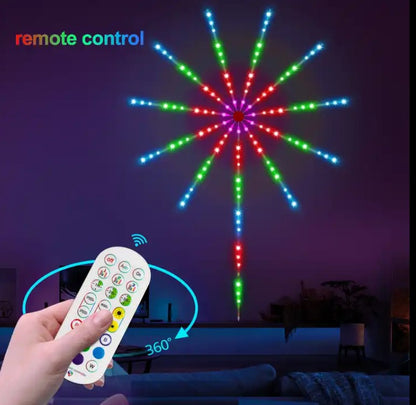 På bilden syns handkontrollen som ingår vid köpet, fyrverkeri led slingan kan även styras via en mobilapp på telefonen. 