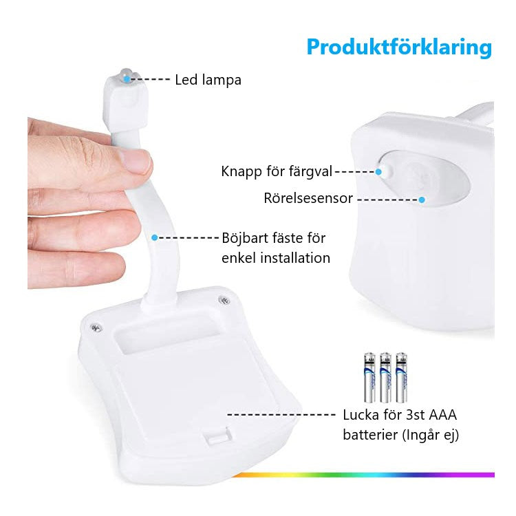 led ljus för toalettstolen, rörelsesensor, böjbart fäste, 3xAAA batterier (ingår ej). Samt 16st olika färger att välja emellan.