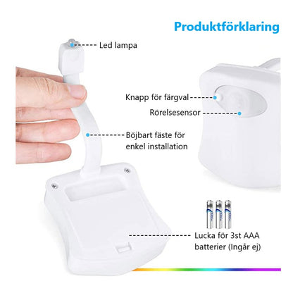 led ljus för toalettstolen, rörelsesensor, böjbart fäste, 3xAAA batterier (ingår ej). Samt 16st olika färger att välja emellan.