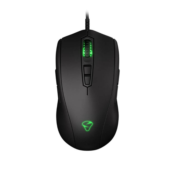 Mionix gamingmus taget ovanifrån med grönt RGB sken 