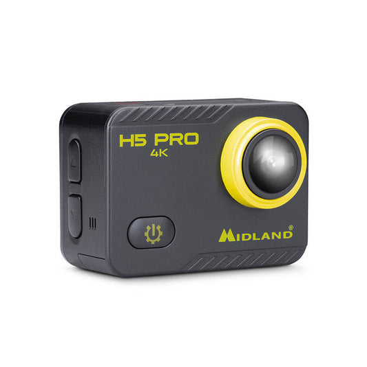 Snett taget foto på Midland Actionkamera som är svart och gul med modell H5 PRO