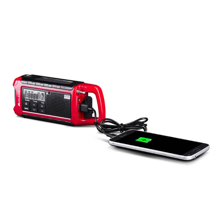 Röd svart Nödradio med ficklampa och powerbank med vev och batterier