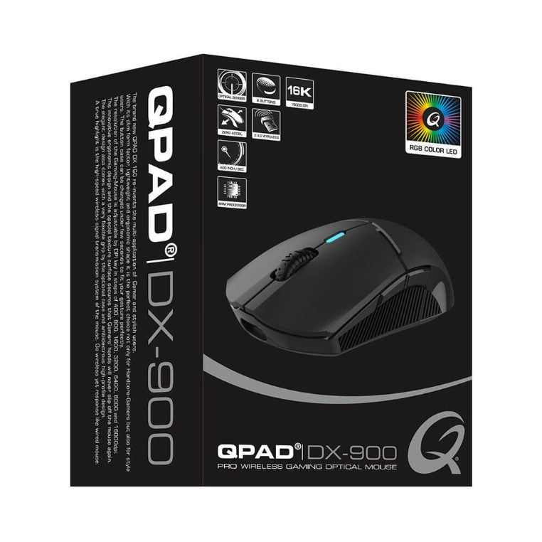 Förpackningen till en QPAD gaming mus IDX900