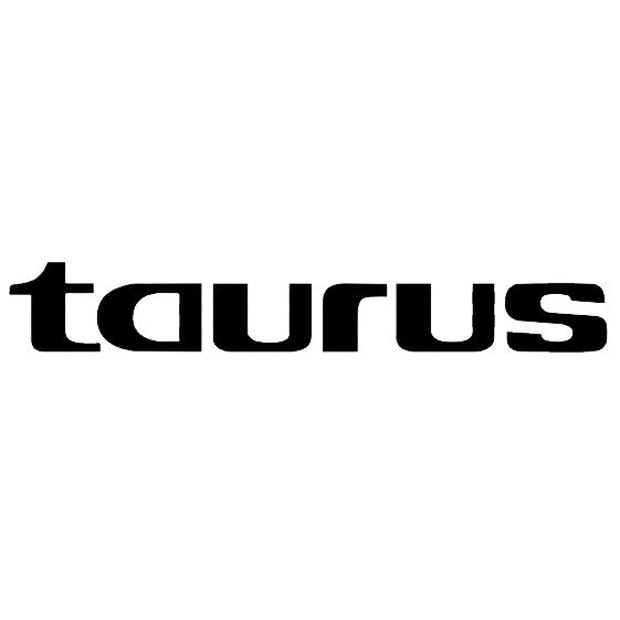 Logotype ifrån Taurus med svart font och vit bakgrund