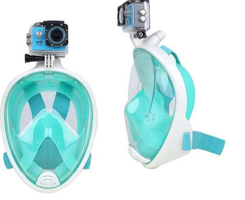 Snorkelmask i snygg turkos färg med en gopro kamera fastmonterad på den