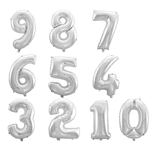 Silvriga nummer ballonger 41cm 0, 1, 2, 3, 4, 5, 6, 7, 8, 9